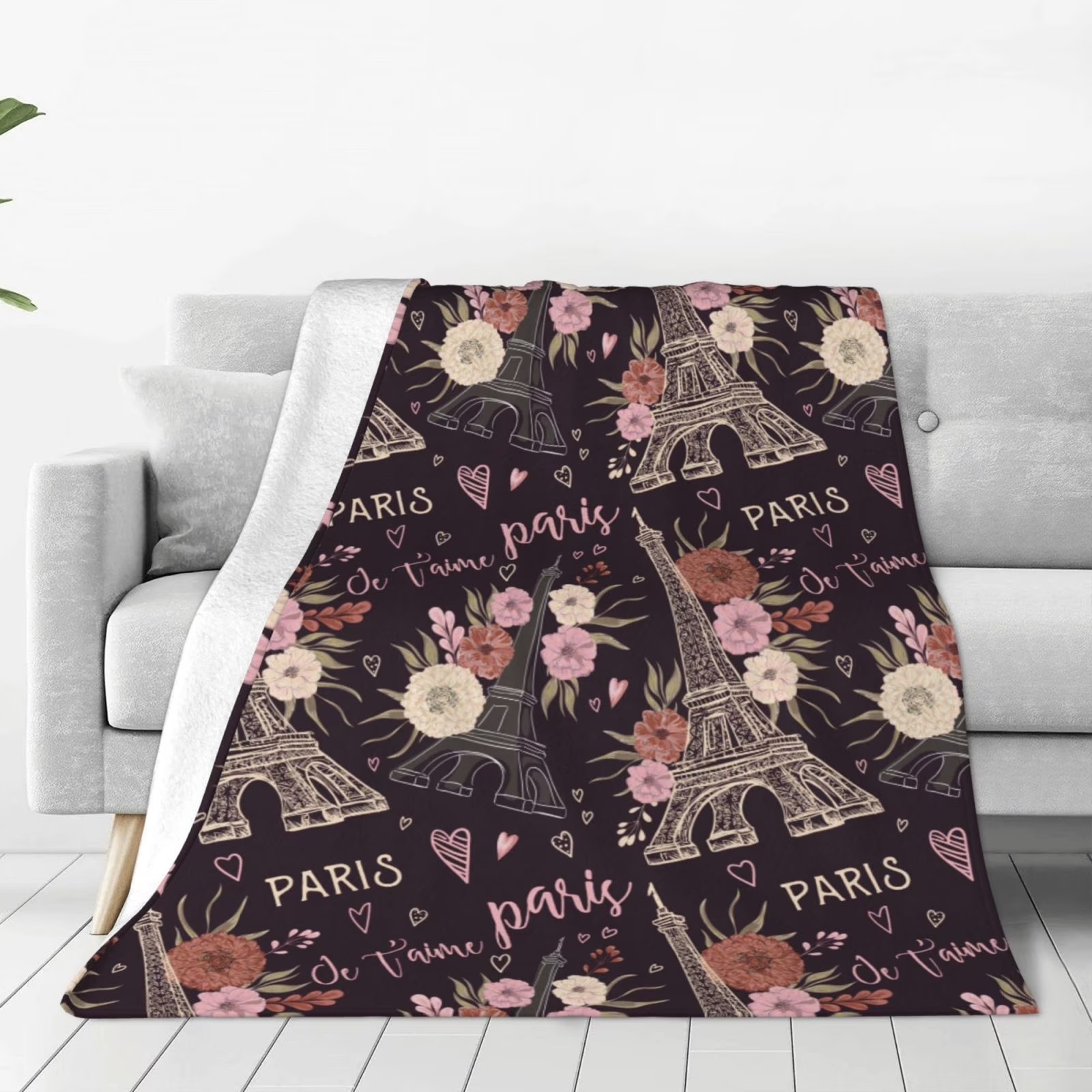 Home Textiles Paris - Romantic Paris Eiffel Tower Floral Fleece